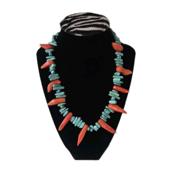 Vintage Southwestern Style Sterling Silver Turquoise & Coral Statement Necklace - Picture 2 of 5